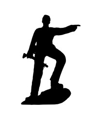 A black and white silhouette of an American Union Army infantryman holding a rifle, standing in profile against a clean white background. The stark contrast highlights the soldier's historical.