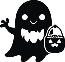 Cute cartoon ghost character floating happily holding a festive pumpkin basket isolated on white background isolated on transparent background