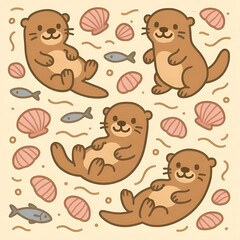 Obraz premium Cute Cartoon Otter with Seashell and Fish Seamless Pattern Illustration