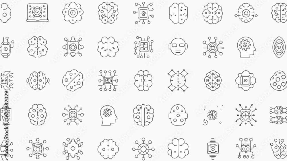 Poster illustration of various artificial intelligence and technology icons in a grid pattern design layout