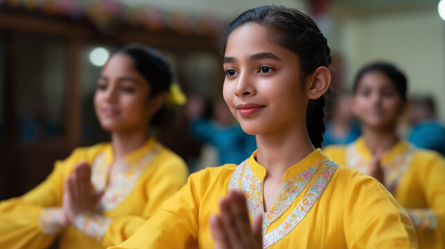Students in Indian uniforms learning Kathak dance in a vibrant hall