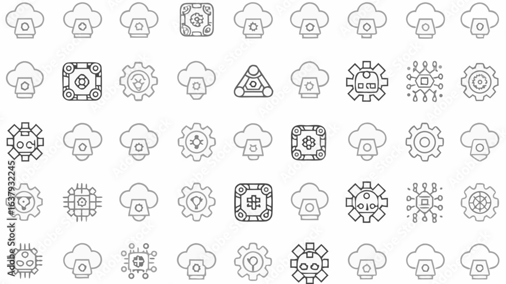 Poster illustration of various cloud computing and technology icons arranged in a grid pattern design silho