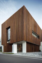 Fototapeta premium Unique architectural design featuring wooden facade in urban setting showcases modern construction techniques and innovative aesthetics during daylight hours