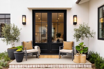 Elegant front porch adorned with potted plants and comfortable seating, creating a welcoming atmosphere for guests and homeowners alike