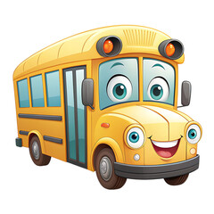 Cheerful School Bus Cartoon Character, Yellow Student Transport Vehicle