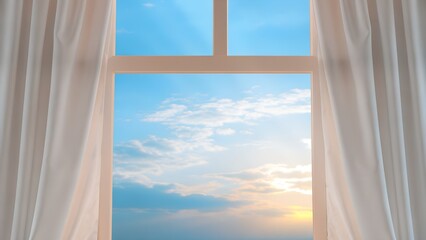 Open Window with White Curtains and Bright Sky View of Morning Sunshine and Clouds