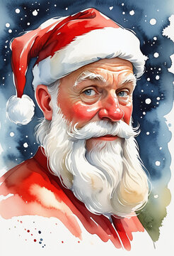 Close-up watercolor art of a classic Santa with a kind smile, detailed white beard, and a warm red suit. The expressive portrait is set against a blue, starry night sky.