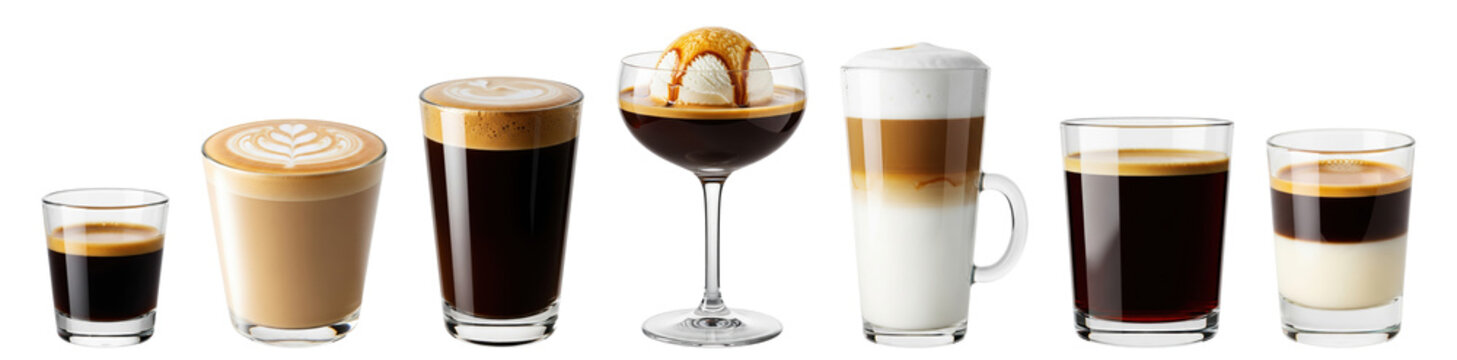 assortment of coffee drinks with espresso, cappuccino, long black, affogato, latte macchiato, americano, caf&eacute; bombon