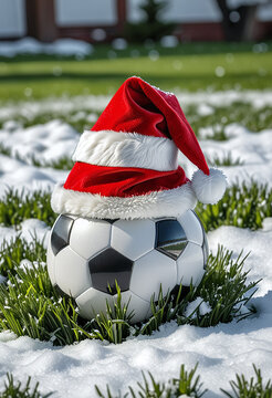 A soccer ball with a red and white Santa hat on a snowy lawn with green grass blades peeking through. Represents winter sports and Christmas games