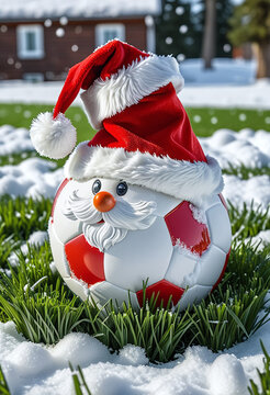 A festive, whimsical soccer ball with a painted-on Santa face, complete with a white beard, mustache, and a carrot nose. The ball is topped with a red Santa hat and sits in a snowy field with patches 