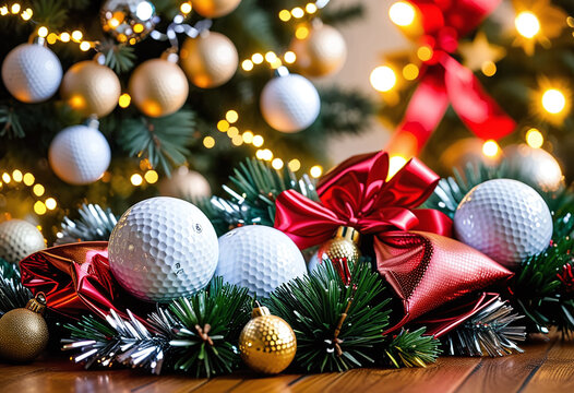 A close-up of several white golf balls and Christmas ornaments nestled in a festive green garland on a wooden surface. A decorated Christmas tree with red and gold ornaments and bright lights is in th