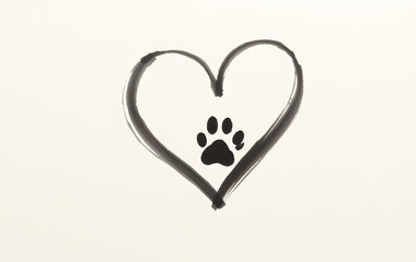 Fototapeta premium Hand Drawn Paw Print Inside a Black Ink Heart Symbol on Cream Background
