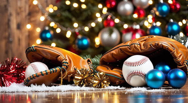 Christmas meets baseball: two catcher's mitts and balls on a snowy wooden surface with a festive fir tree in the background