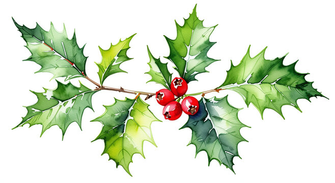 A traditional Christmas motif: a watercolor holly sprig with sharp green leaves and vibrant red berries