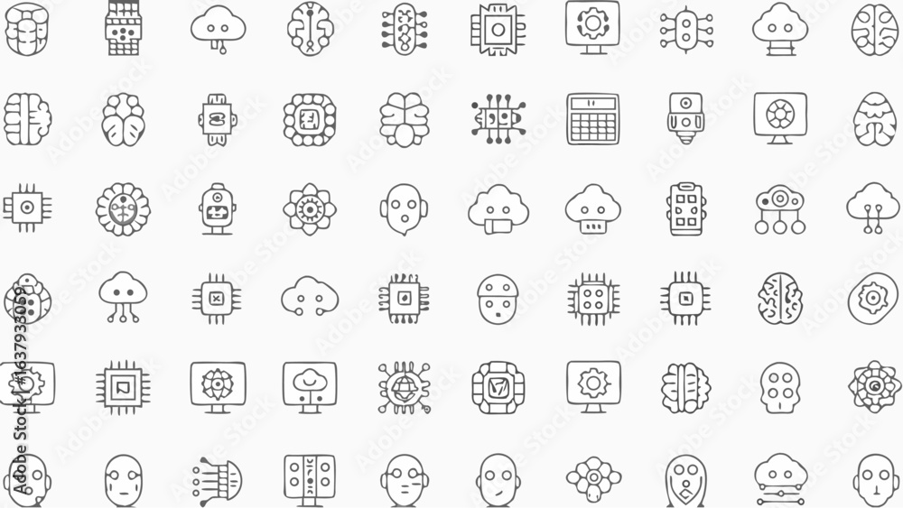 Fototapete collection of ai and technology related line icons featuring brains chips clouds and robots in a gri