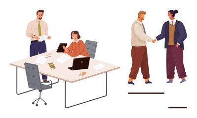 Team members discussing work at a desk with laptops and documents, colleagues shaking hands. Ideal for teamwork, collaboration, project management, partnership, business deal, communication, simple