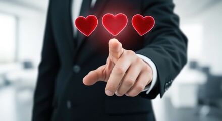 Business professional tapping digital heart icons, conceptualizing customer satisfaction and positive feedback in a modern office.