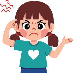 Frustrated cartoon girl, angry child illustration, confused expression, teal shirt with heart, pigtails hairstyle, isolated white background, emotional pose