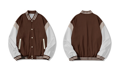 Varsity brown and white baseball jacket front and back offers a classic sporty look.