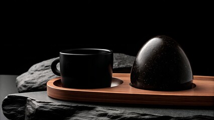 modern black coffee cup and dome shaped dark bread on rustic wooden tray