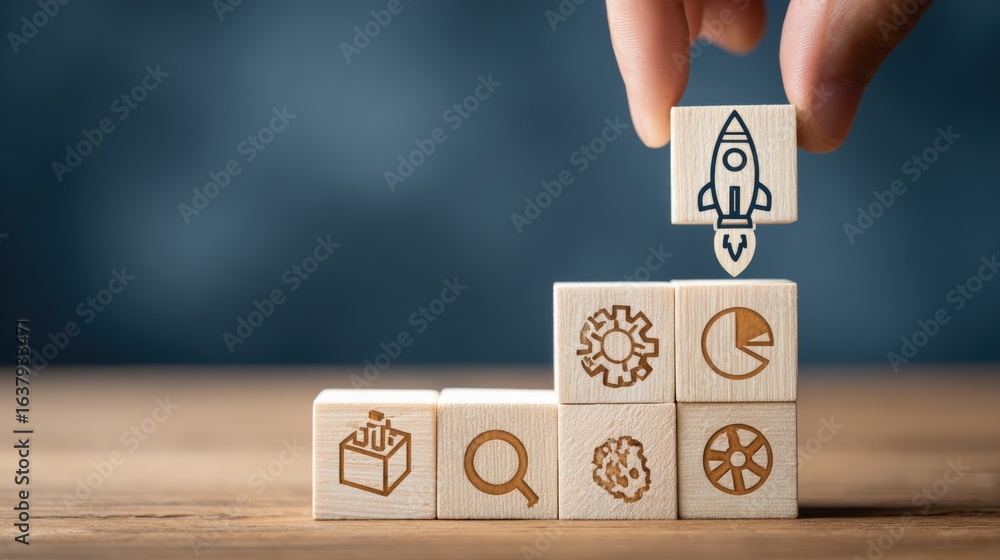 Poster startup launch: hand placing rocket block on growth stack, representing business development and str