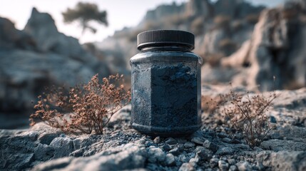 Obraz premium Jar of dark blue powder on rocky landscape; distant tree and soft background