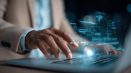 Man's Hands Typing on Laptop with Digital Overlay Displaying Information and Data Analytics