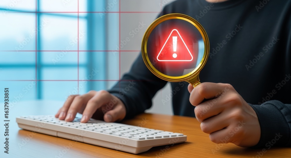 Poster cybersecurity threat detection: magnifying glass highlighting a warning sign on screen, emphasizing 