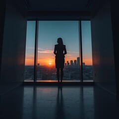 Fototapeta premium A confident woman's silhouette stands in front of a window, looking out at a cityscape under a vibrant sunset with her arms crossed.