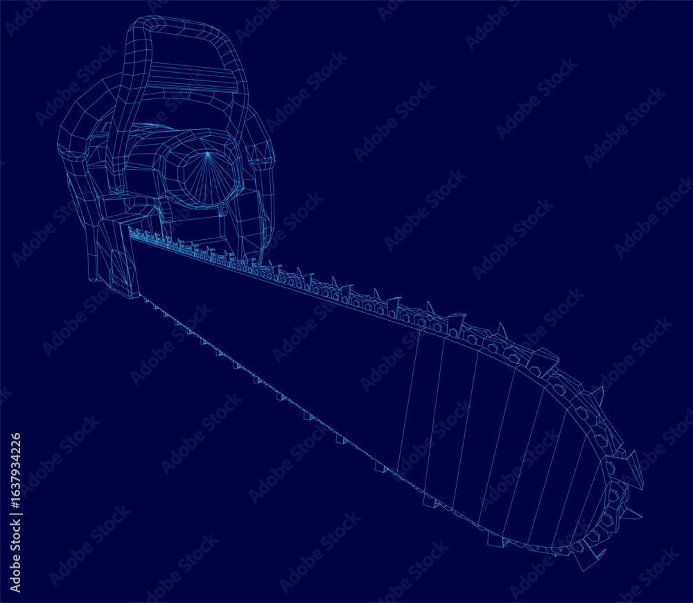 Poster a 3d wireframe model of a chainsaw on a blue background highlights the tool's intricate mechanical s