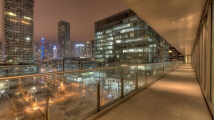 Obraz premium Night Cityscape View from a High-Rise Balcony Featuring Illuminated Buildings and a Modern Glass Railing