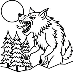Obraz premium Cartoon werewolf howling at the moon with a dark forest silhouette isolated on white background isolated on transparent background