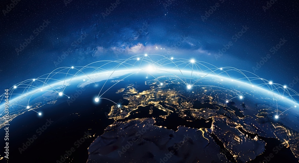 Aufkleber global network connection: earth at night with interconnected digital communication technology repre
