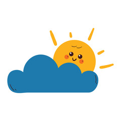 cute hand drawing cartoon sun character with blue cloud. sky element drawing for sticker and icon