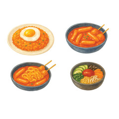 Korean Food Watercolor Bundle #1—Kimchi Fried Rice, Tteobokki, Rabokki, Bibimbap Mini Bowl.
Watercolor Illustration. Design Element. Clip art. Suitable for artwork design.