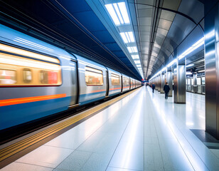 Fast Subway Train Arriving at Modern Underground Station with Passengers Waiting