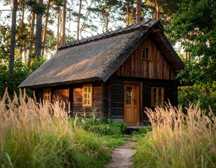 Rustic wooden cabin nestled in a sun-dappled forest clearing
