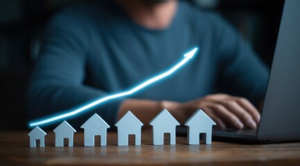 A person working at a laptop with a graphic of growing house values