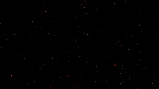 Flying glowing fire particles/embers on black background, burning sparks, hot ash, fiery debris, orange bokeh, cinematic heat effect, 4K, 60fps