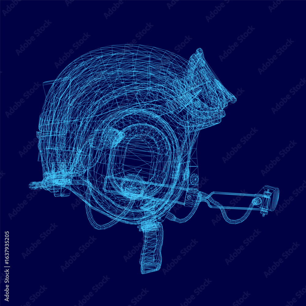 Aufkleber pilot's helmet blueprint on a blue background features a detailed wireframe design with precise line