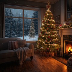 A cozy living room with a decorated Christmas tree and fireplace looks out on a snowy forest, creating a warm, festive holiday scene.