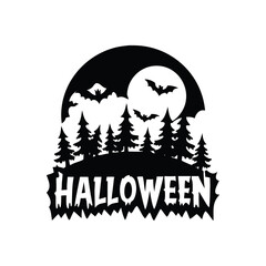 Spooky halloween forest scene with bats flying under a full moon isolated on white background isolated on transparent background