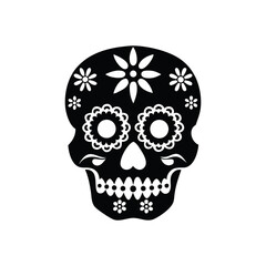 Black and white decorative sugar skull with floral patterns isolated on white background isolated on transparent background