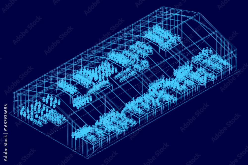Poster a 3d wireframe model of a greenhouse displays the architectural blueprint with precise structural de