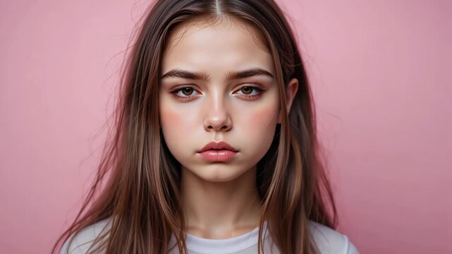 Close-up portrait of young caucasian woman with natural makeup and straight brown hair against pink background. Concept of beauty and self-expression