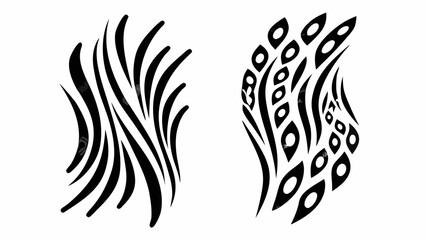 Two abstract black and white designs featuring curved lines and organic shapes on a white background space silhouette