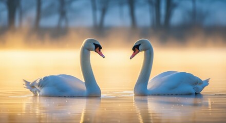 Obraz premium Elegant Swans in Golden Light: A Serene Wildlife Scene of Pair Swimming Together