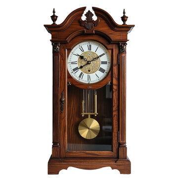 a beautifully detailed antique grandfather clock with a pendulum and roman numeral dial stands prominently against a plain white background.