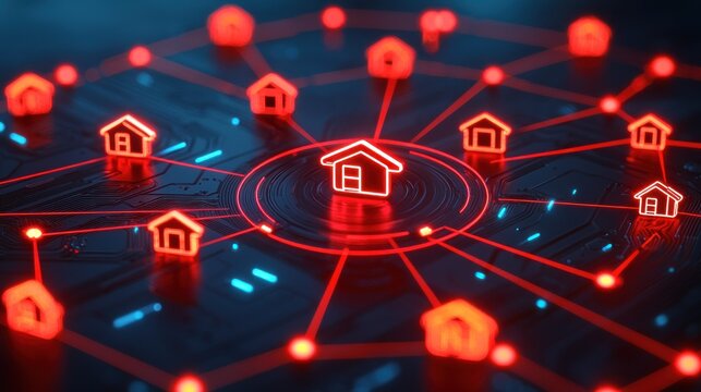 Network of glowing house icons connected by red lines on a blue background - Powered by Adobe