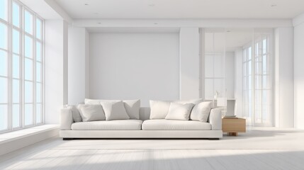 Fototapeta premium Bright Contemporary Living Room with White Sofa and Natural Light from Large Windows, Minimalist Interior Design